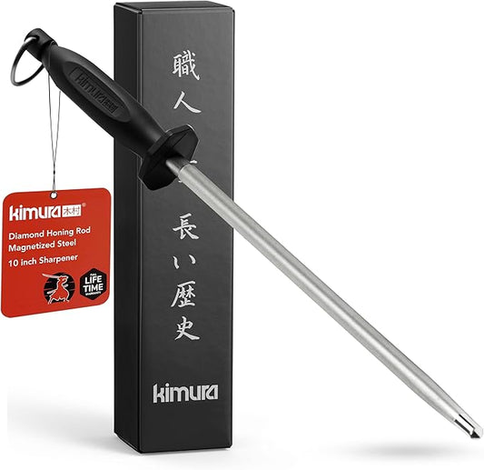 Kimura Professional Diamond Honing Rod, 10 Inch, Silver, Extra Fine Grit, Magnetized, Ergonomic Handle, Versatile Knife Sharpener, Japanese Gift Box