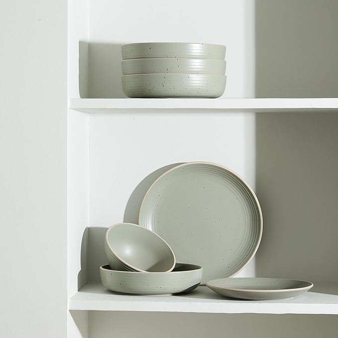 Stone Lain Lauren Stoneware, Rustic Plates and Bowls Set, Dinnerware, Service for 4, Speckled Green, Dishwasher & Microwave Safe, 16-Piece