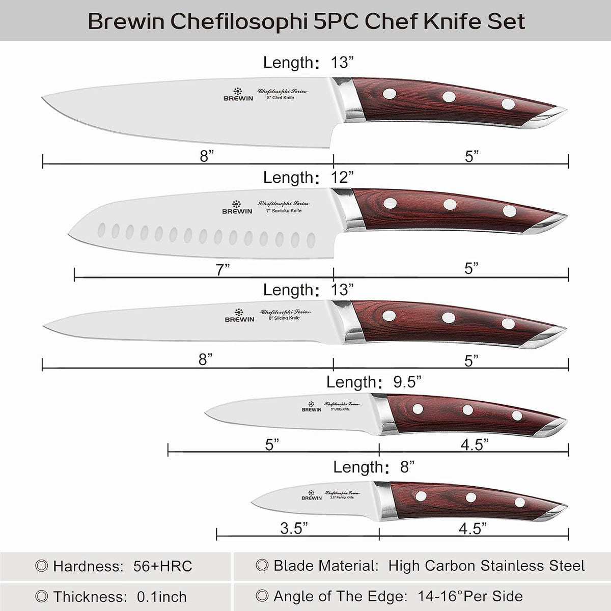 CHEFILOSOPHI Japanese Chef Knife Set 5 PCS with Elegant Red Pakkawood Handle – features