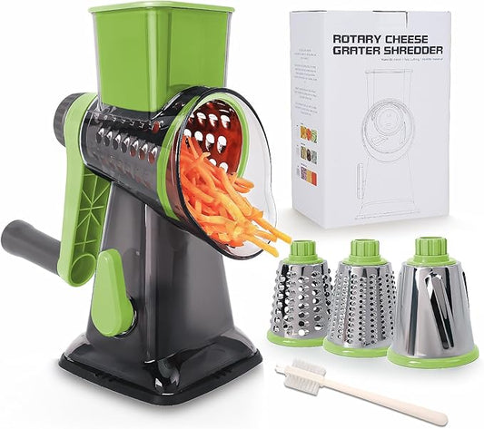 Rotary Cheese Grater Multi-Purpose Stainless Steel Shredder- Cheese Grater With handle Effortless Grating of Vegetables, Nuts and Fruits,with Suction Base and Cleaning Brush (green)