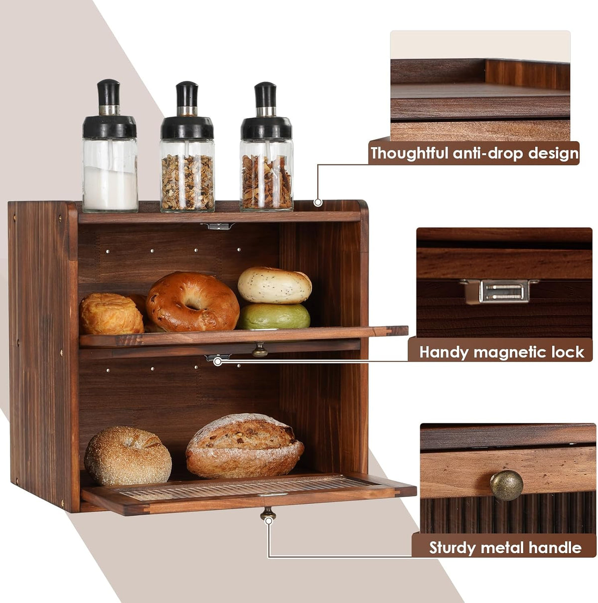 Bread Box for Kitchen Countertop Wooden Bread Storage Container Bin 2 Layer – alternate view