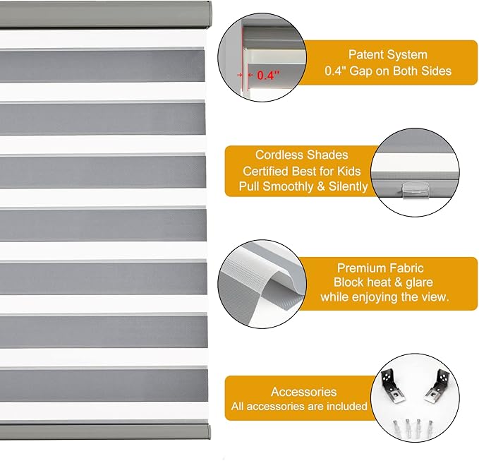 Persilux Cordless Zebra Blinds for Windows (58" W X 72" H, Grey) Free-Stop Roller Windows Shades Dual Layer Light Control for Day and Night, Light Filtering Sheer Shades for Home