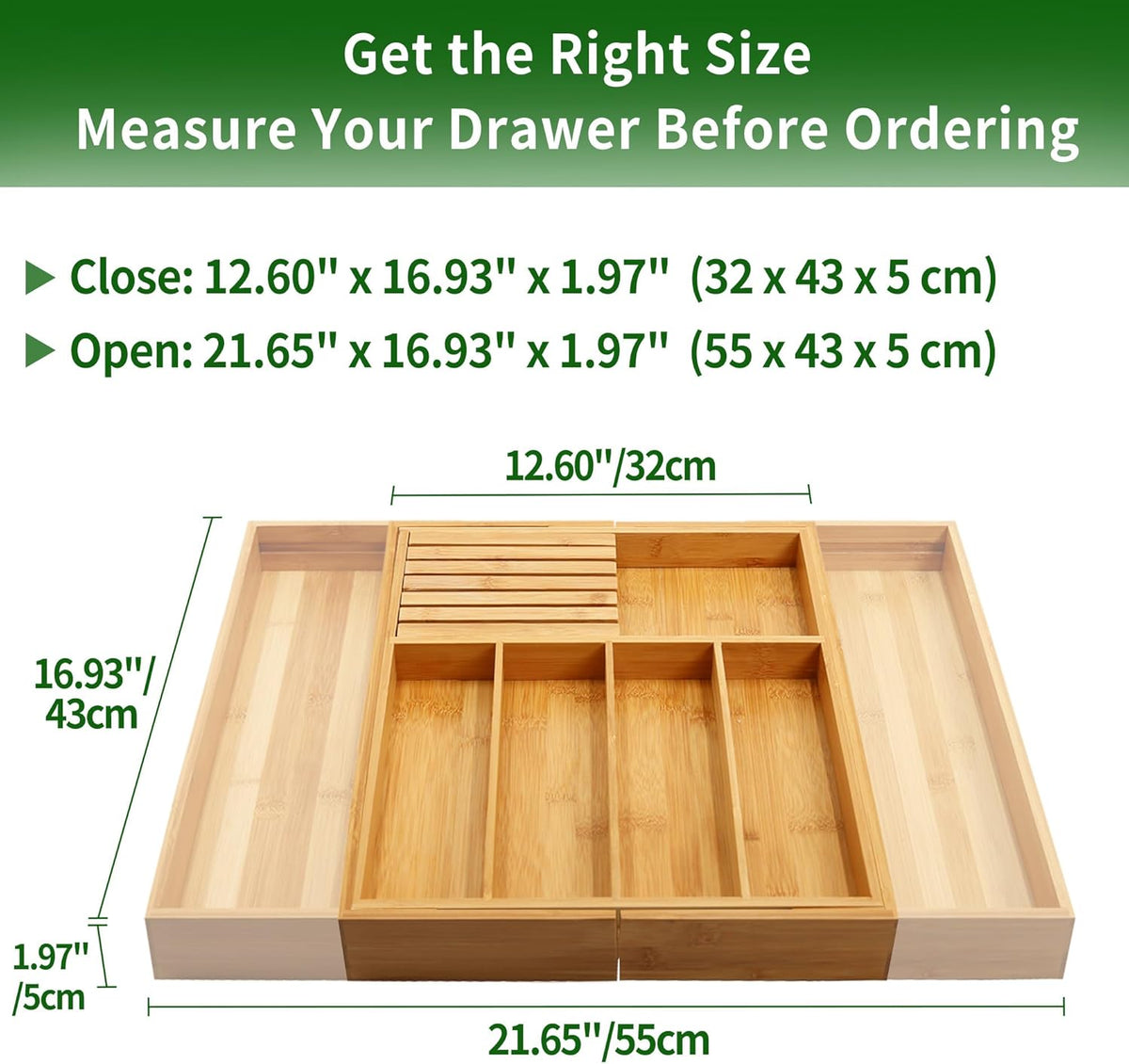 Bamboo Silverware Drawer Organizer, 7 Slots, Natural – close-up