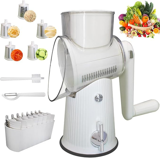 5 in 1 Rotary Cheese Grater Vegetable Slicer - Drum Mandoline Chopper for Kitchen, Easy to Clean with Storage Container