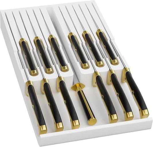 Domax Bamboo In-drawer Knife Block - Knife Drawer Organizer Insert Large Handle Steak Knife Holder, Kitchen Drawer Knife Organizer Fits for 12 knives and 1 Sharpening Steel (Not Included), White