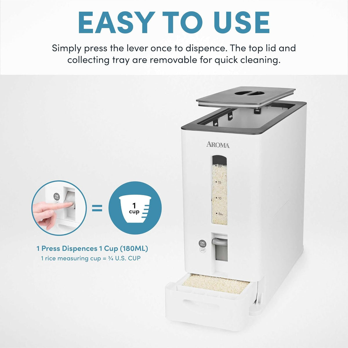 Housewares 27lbs Large Rice Dispenser, 7.25 x 16.5 x 16.5 inches, White – detail