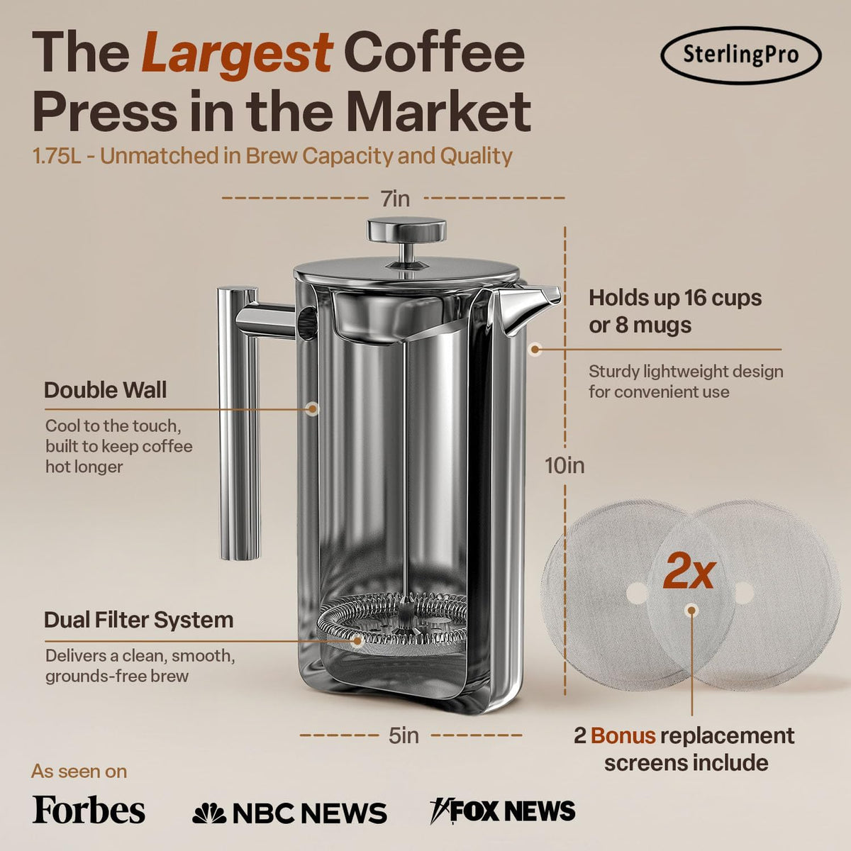 64oz Extra Large Non-Toxic Insulated Stainless Steel French Press Coffee Maker – close-up