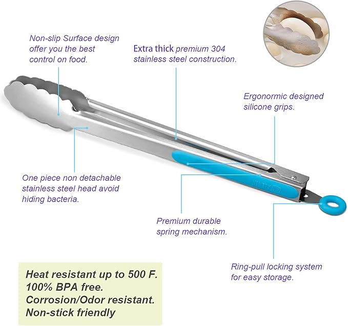 ALLWIN-HOUSEWARE W 304 Stainless Steel Kitchen Cooking Tongs, 9" and 12" Set of 2 Sturdy Grilling Barbeque Brushed Locking Food Tongs with Ergonomic Grip, Blue