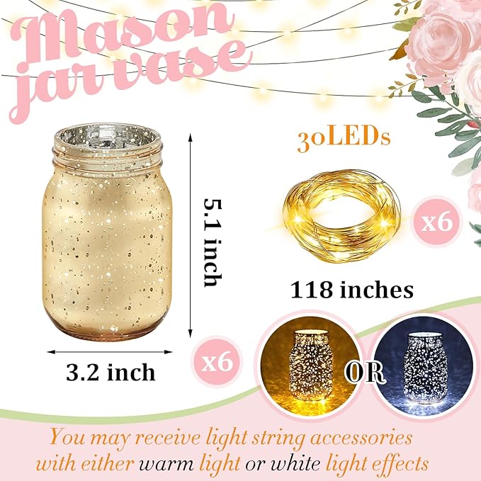 Mason Jar Set, 6 Gold Painted Jars with 6 LED Light Strings
