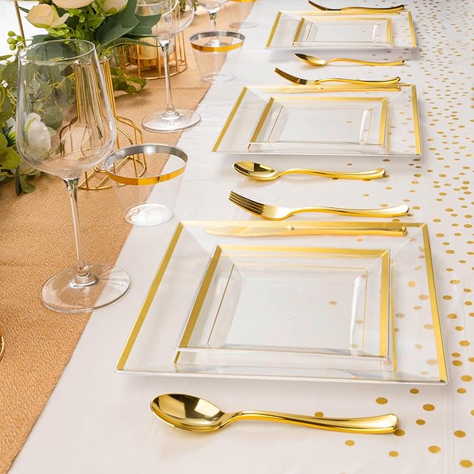 Plates Set, 352-Piece Clear Square Plastic with Gold Rim for 50 Guests