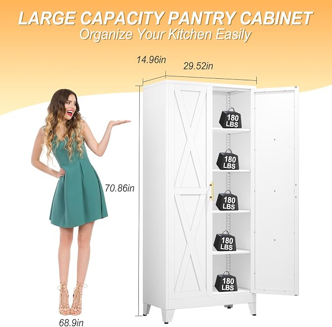 Freestanding Metal Pantry Cabinet, 2 Doors, 4 Adjustable Shelves, White