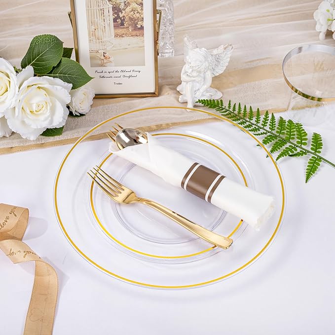 Plates Set, Gold Rim and Clear Plastic, 175 Pieces for 25 Guests