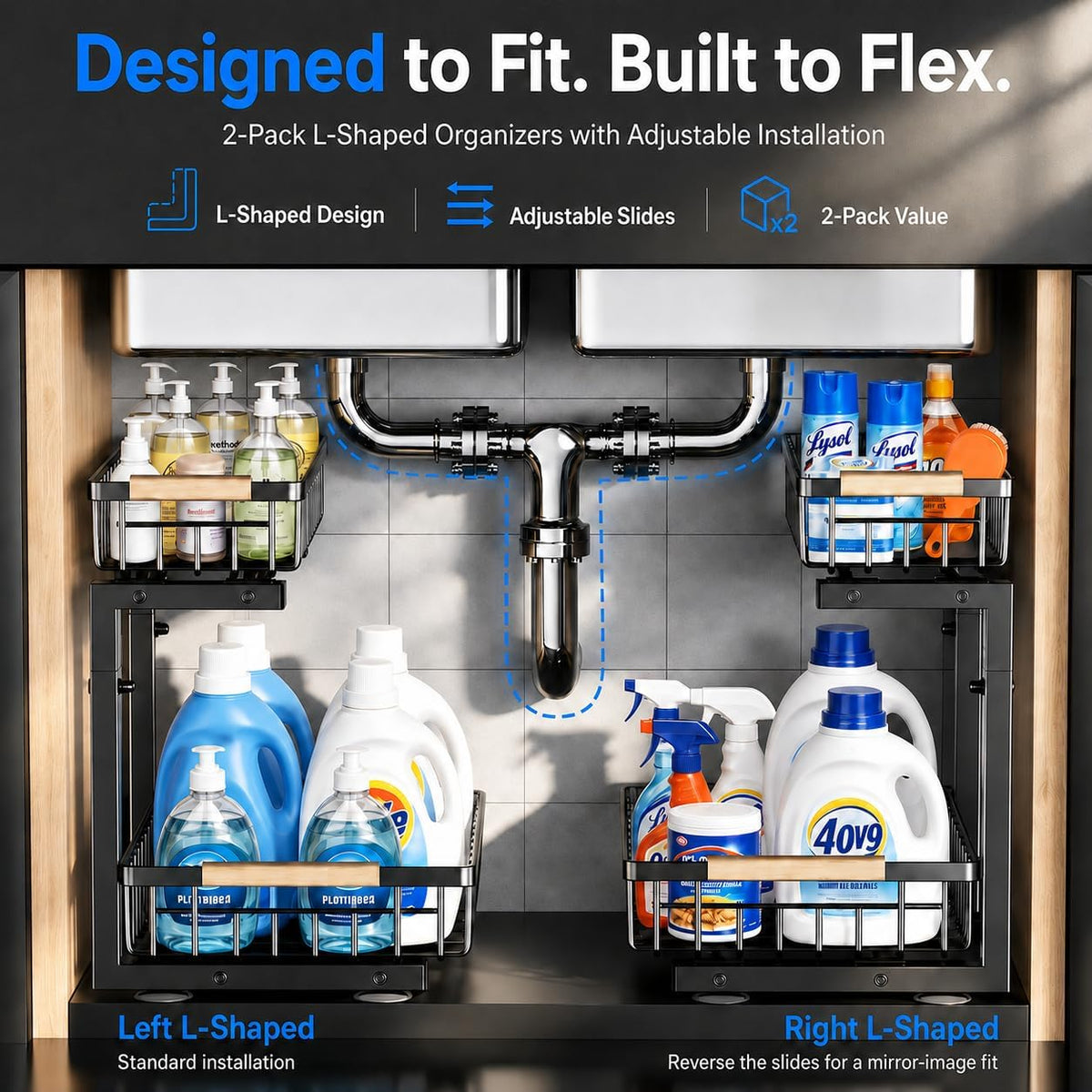 Under Sink Organizer 2 Pack, Double Slide Out Metal Shelf, Black – set view