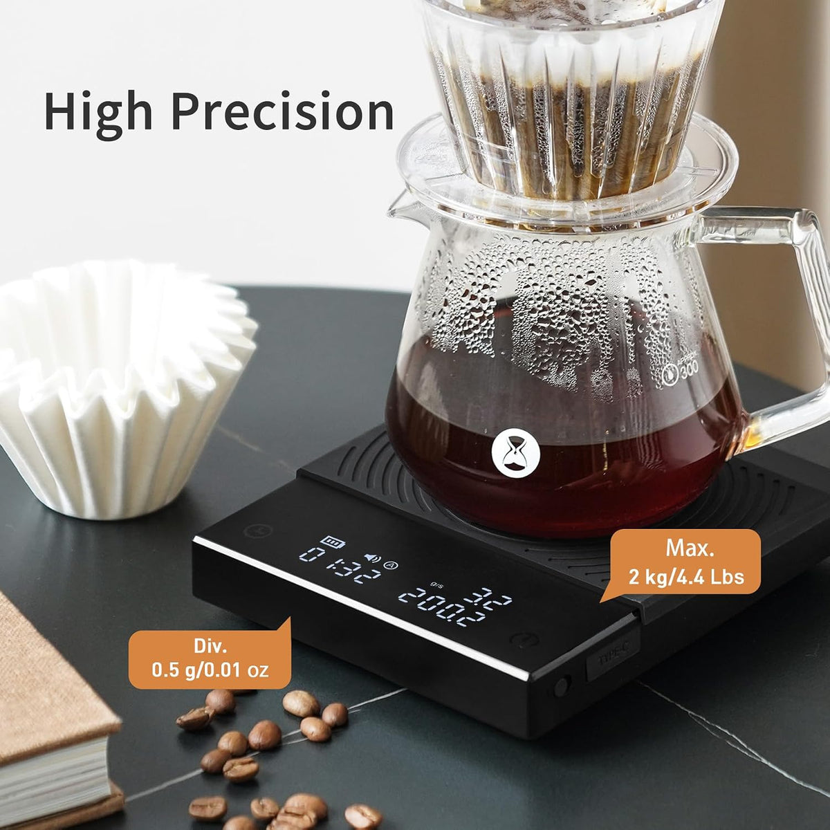 Coffee Scale Basic 2.0 Electronic Espresso Scale with Water Flow Rate and Timer – features
