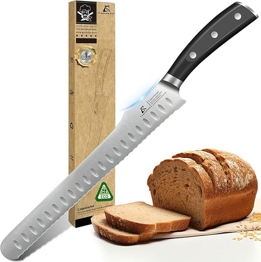 Re-Sharpenable Bread Knife for Homemade Bread, 10.6 Inch Multifunction Serrated Knife, Razor Sharp Slicer, Forged High Carbon German Steel, Full Tang Ergonomic Handle Design for Sourdough Turkey Fruit