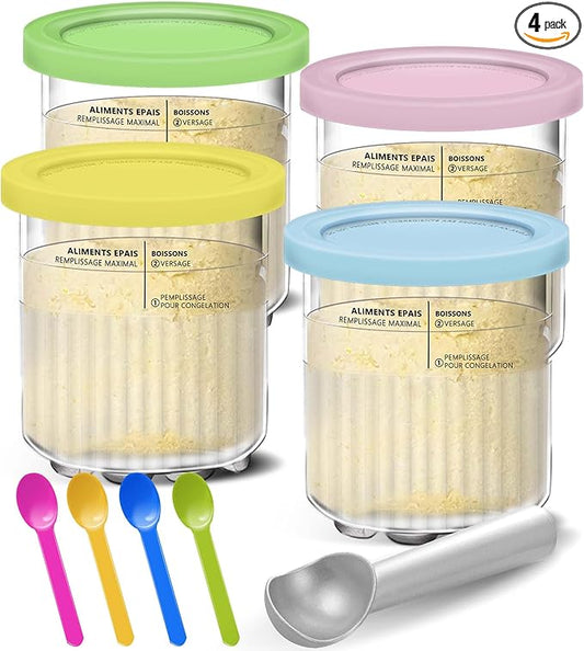 Creami Pints and Lids for Ninja - 4 Pack 24 oz Deluxe 11-in-1 Creamy Icecream Containers Cups Jars Tubs Canisters Set, Smoothie Pot Compatible with NC501 NC500 Series Creamer Ice Cream Maker Machine