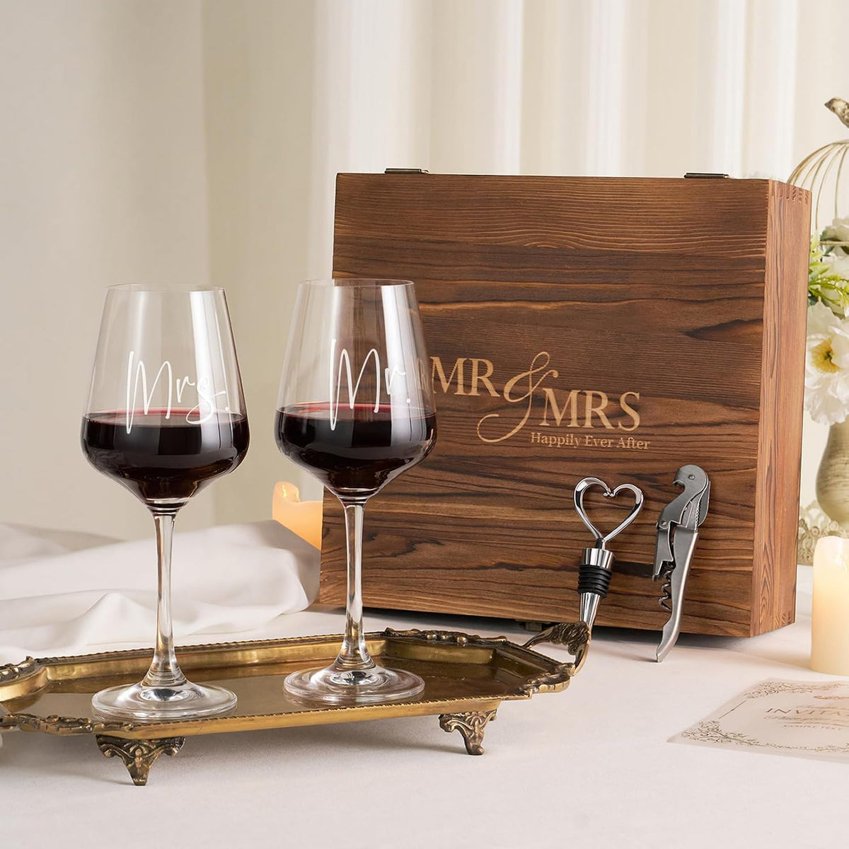 Mr and Mrs Wine Glasses, Bridal Shower Wedding Gifts for Couples – close-up