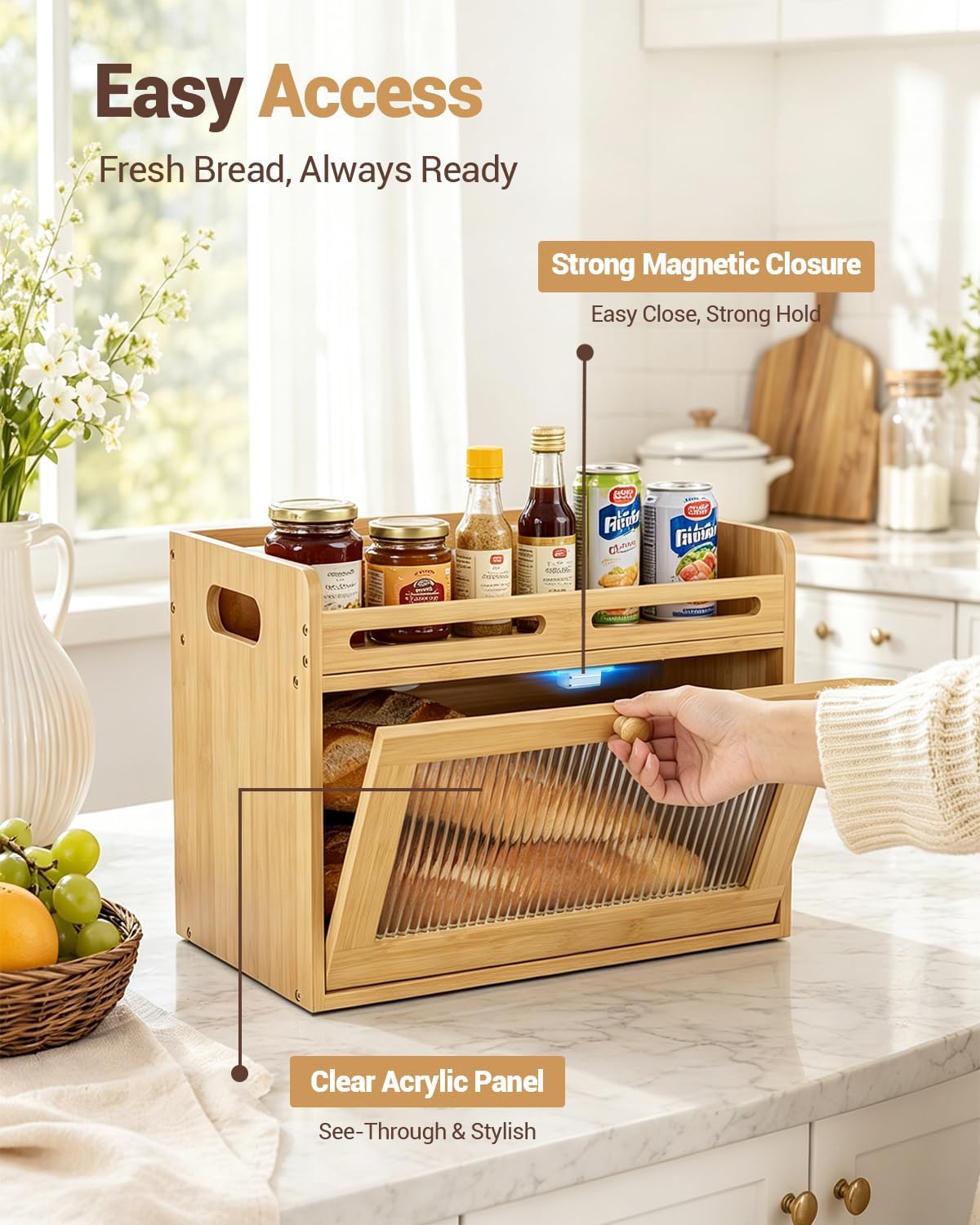 Bread Box for Kitchen Countertop, Bamboo Storage Container with Top Shelf – close-up