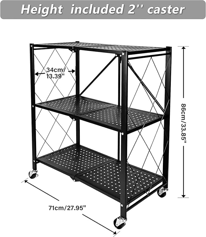 Standing Shelf Unit, 3-Tier Metal Storage Rack with Caster Wheels