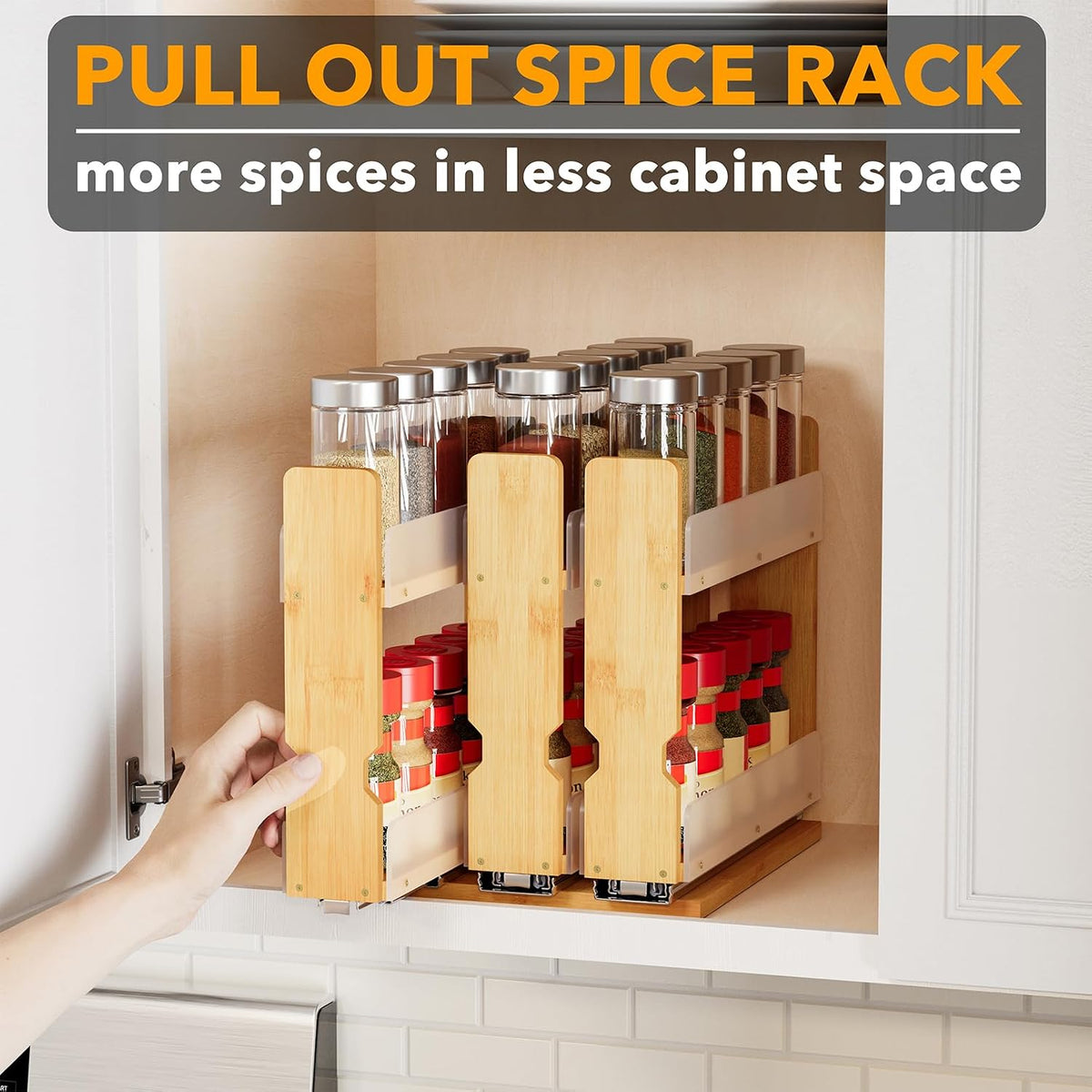 Bamboo Pull Out Spice Rack Organizer for Cabinet, Heavy Duty Slide Out – features