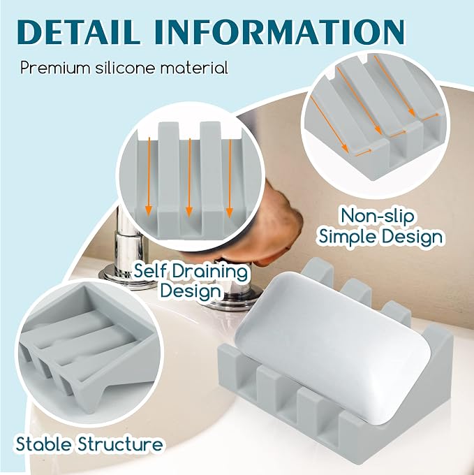 Silicone Soap Dish, Light Grey Self-Draining Bar Soap Holder, 2-Pack