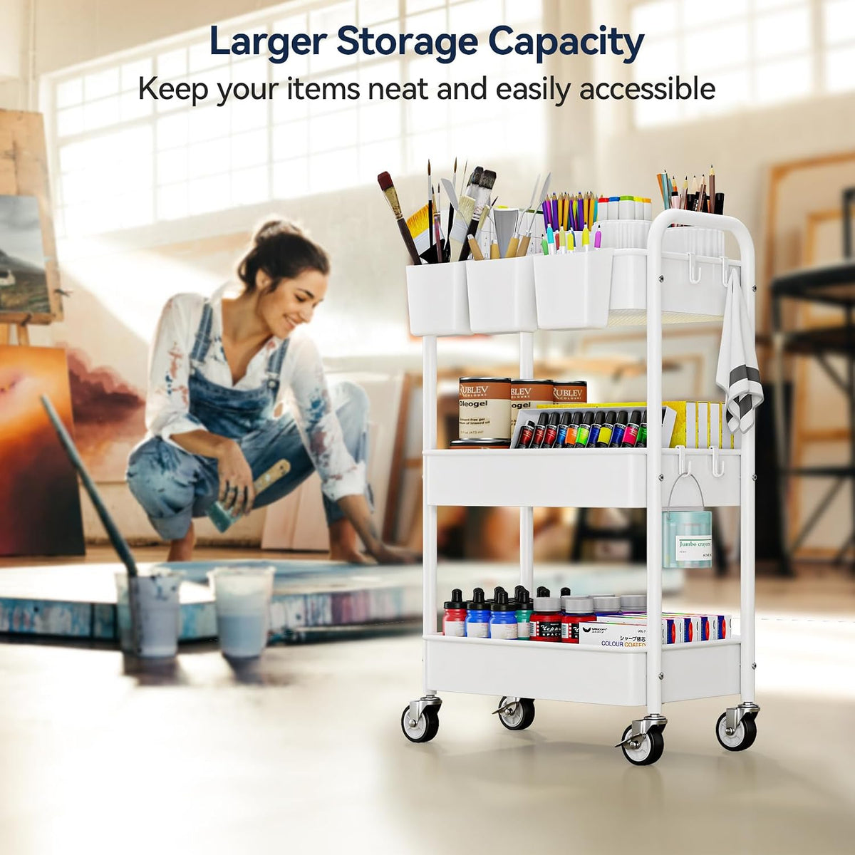 3 Tier Rolling Cart, Heavy Duty Metal Utility Cart with Wheel White – alternate view
