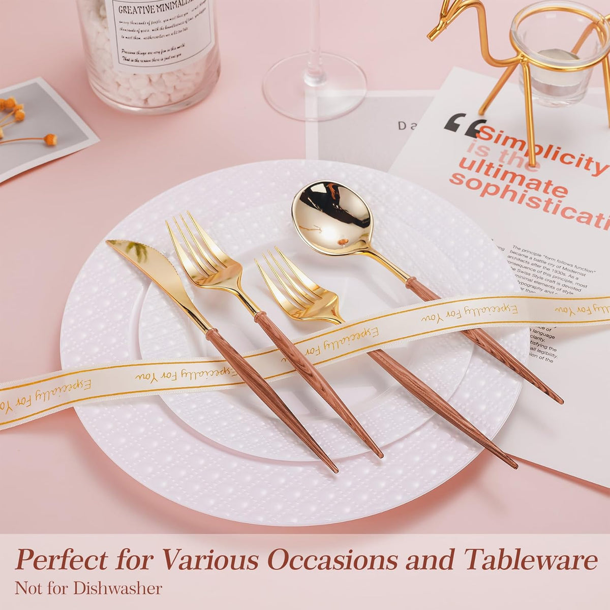 120PCS High End Gold Plastic Silverware with Wood Grain Handle – alternate view
