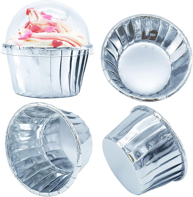 Baking Cups: 100 Mini Foil Liners with Clear Lids, Silver