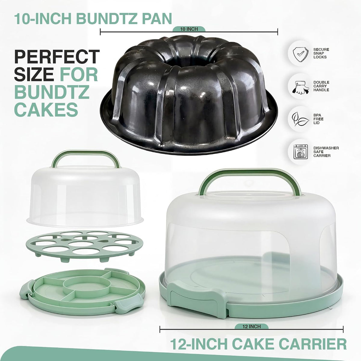10in Buntz Cake Pan Non Stick & 12in Cake Carrier w/Lid-Handle,Mint Green – detail