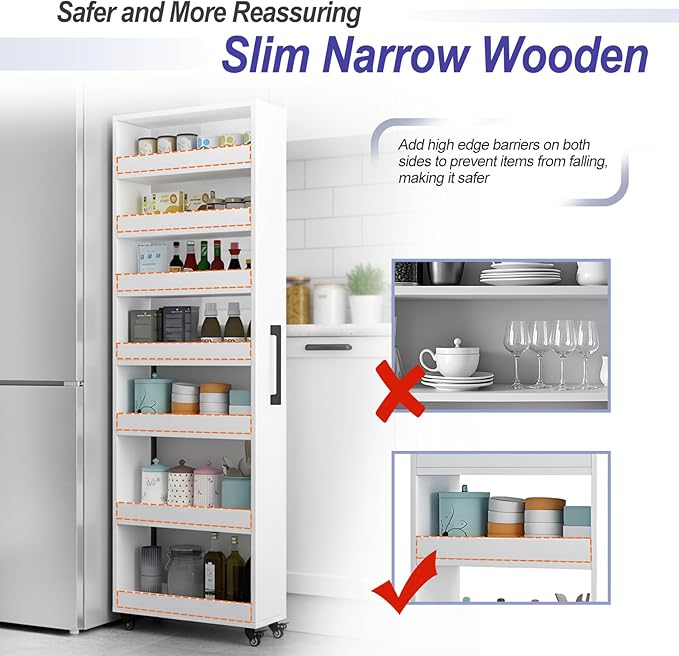 7-Tier Slim Storage Cart, Wooden Rolling Pantry Cabinet with Wheels, Narrow Shelf Organizer for Kitchen, Bakers Rack, Dining Room, Closet, Small Spaces Warm White 47.2" H*7.8" W*16.9" D