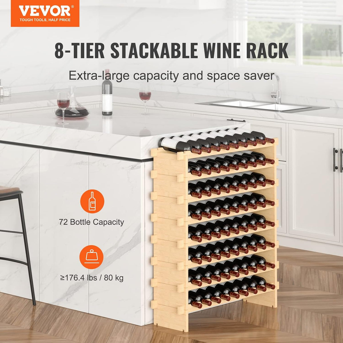 Wine Rack 72 Bottles 8-Tier Stackable Bamboo Freestanding Natural – detail