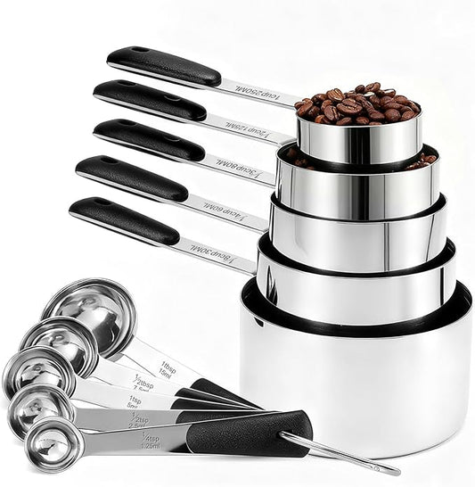 Measuring Cups and Spoons Set, Stainless Steel 10 Piece for Cooking and Baking (5 Cups + 5 Spoons, Black Handle)