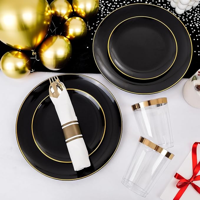 Plates: 9-Inch and 6.3-Inch Black Disposable Plastic Plates with Gold Rim