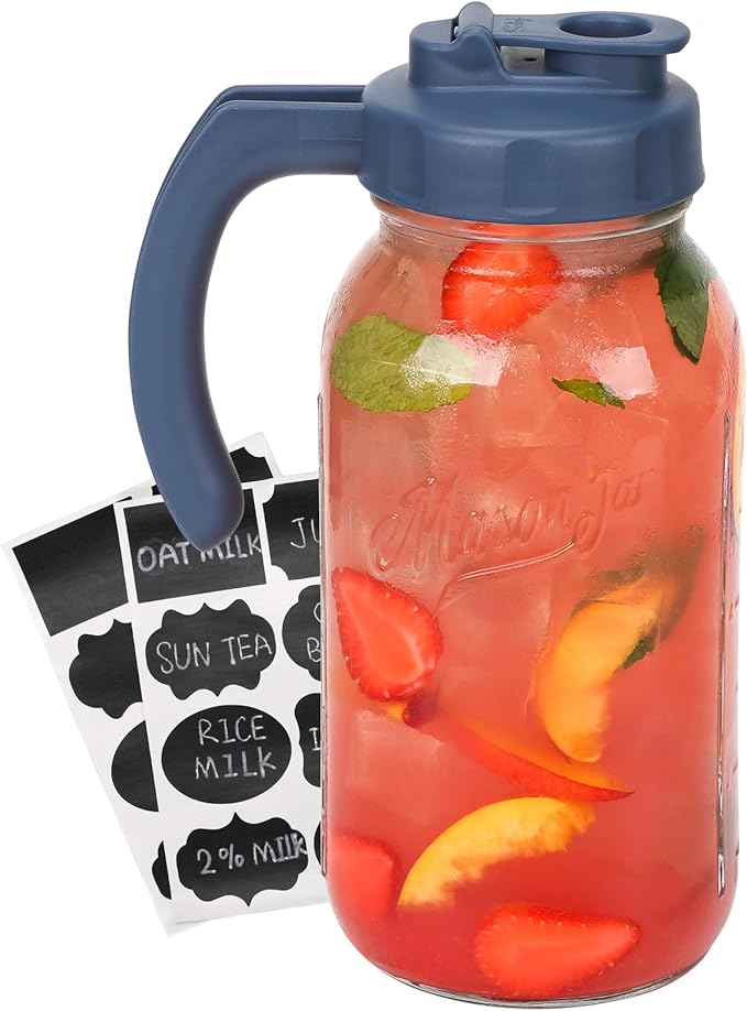 Soligt Glass Mason Jar Pitcher with Lid, Wide Mouth Flip Cap Pour Spout Leak-proof Lid with Handle, 64 oz (2 Quart / 1.9 Liter), for Sun Tea/Iced Tea/Juice/Cold Brew Coffee/Milk (1Pack, Hale Navy)