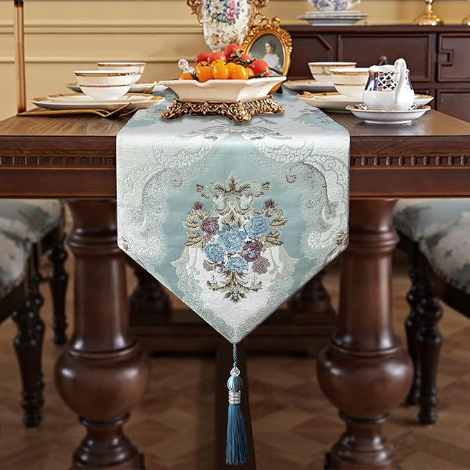 Table Runner Chenille Damask 13x72 Inch with Beaded Tassels