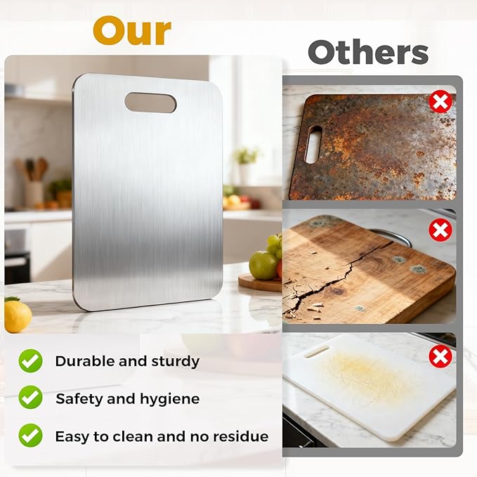 Tavano Titanium Cutting Board,100% Pure Titanium Cutting Boards for Kitchen,Double-side Available Cutting Board for Vegetables,Meat,Fruits,Easy to Store and Clean(M)