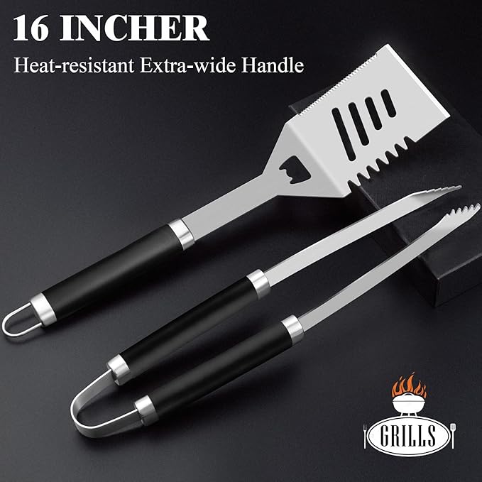 ROMANTICIST 30pcs BBQ Grill Tool Set for Men Dad, Heavy Duty Stainless Steel Grill Utensils Set, Non-Slip Grilling Accessories Kit with Thermometer, Mats in Aluminum Case for Fathers Day Black