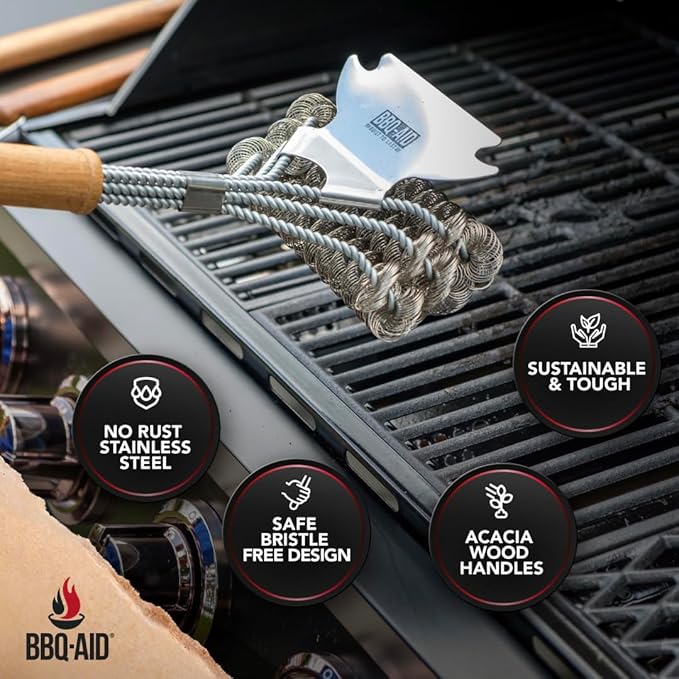 BBQ-AID Grill Brush for Outdoor Grill Bristle Free - 18" BBQ Brush for Grill Cleaning Kit - Safe BBQ Grill Cleaner Brush and Scraper - Stainless Grill Cleaning Brush for Any Grill, Grill Accessories