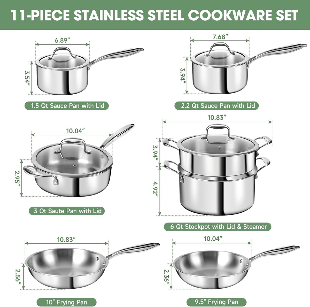 3 Ply Stainless Steel 11-Piece Cookware Set with Lids, Pots and Pans Kitchen – detail