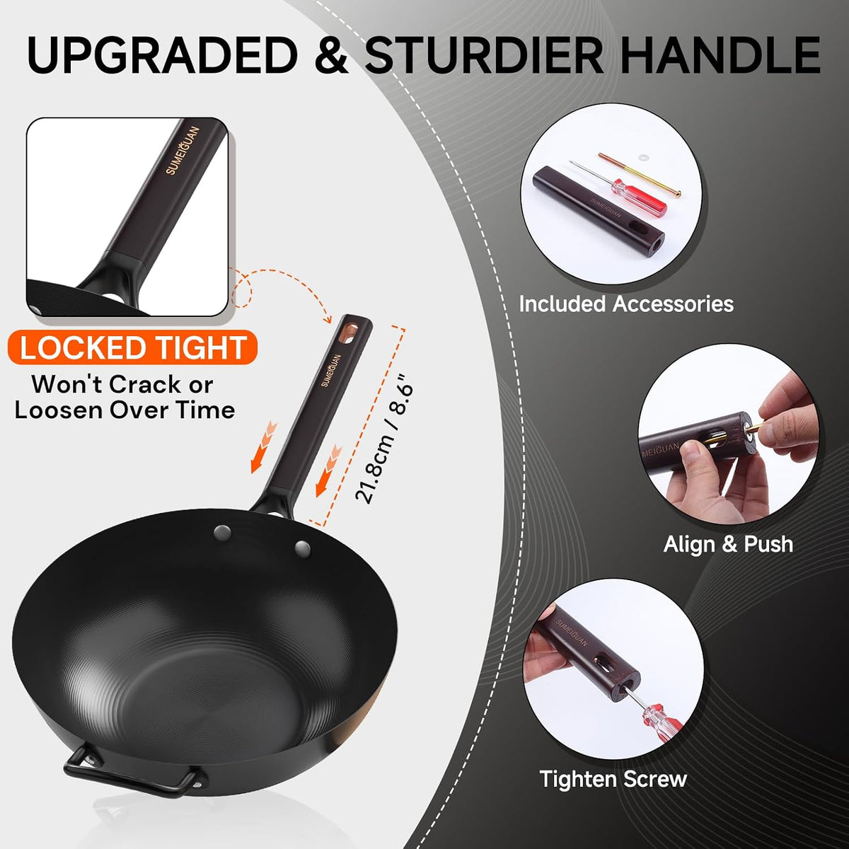 13.5" Pre-Seasoned Flat Bottom Carbon Steel Wok with Lid Spatula – another angle