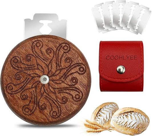 Bread Lame Sourdough Scoring Tool - Wooden Lame Bread Scoring Tool with 5 Razor Blades and Leather Storage Cover - UFO Bread Lame Dough Scoring Tool for Bread Baking