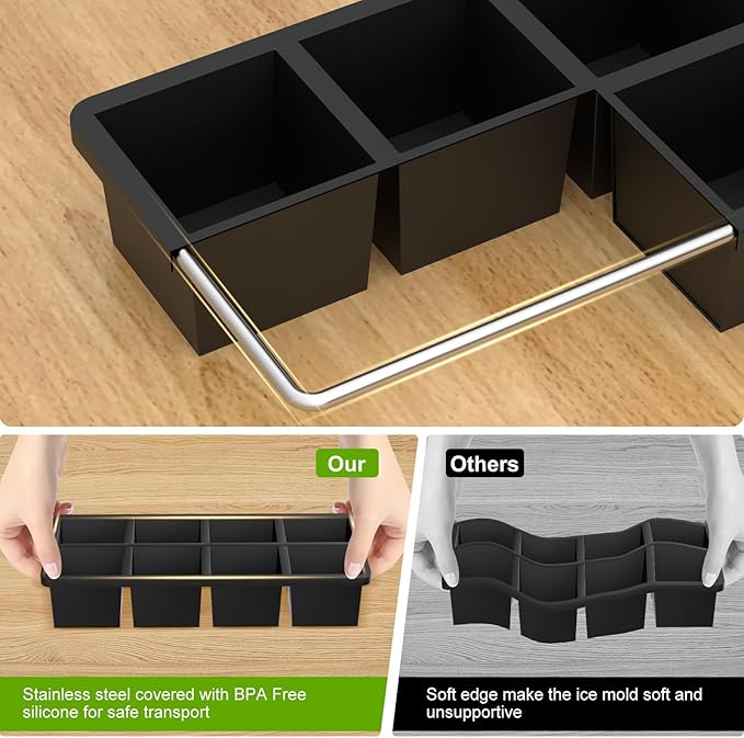 Samuelworld Large Silicone Ice Cube Tray Molds, 2-Pack, Big 2 Inch Cubes - Food Grade, Flexible, 8 Cavity Easy Release Slow Melting Ice for Whiskey, Cocktails, Gifts & Christmas - Black
