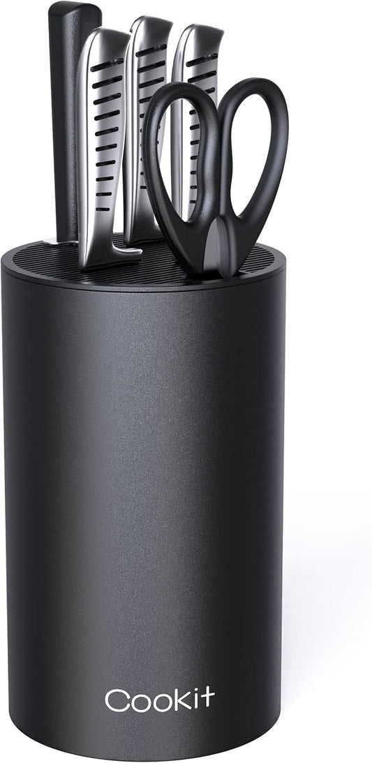 Knife Block Without Knives, Cookit Universal Round Knife Block Only, Detachable Knife Holder for Easy Cleaning, Space Saver Knife Storage Holder with Scissors Slot, Black