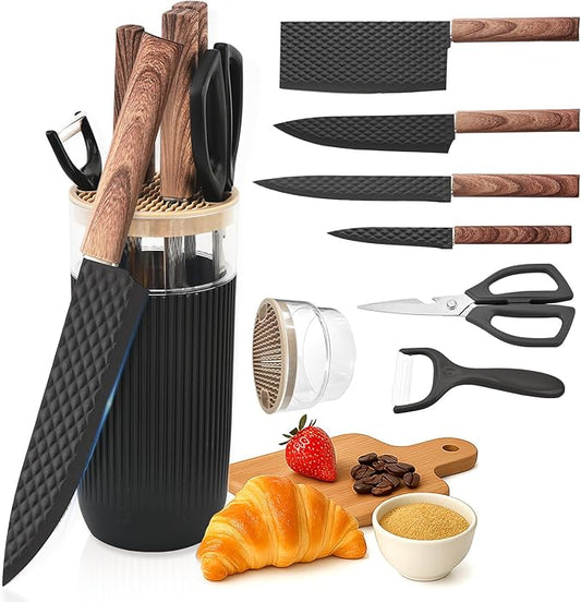 Knife Set, 7-Piece Kitchen Knife Set with Sharp Chef and Meat Knives, Anti-Rust Utility Knives Set for Kitchen, Kitchen Knife Block Set – Black