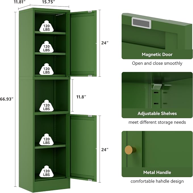 Pantry Cabinet, 2-Door Metal Tall Slim, Forest Green