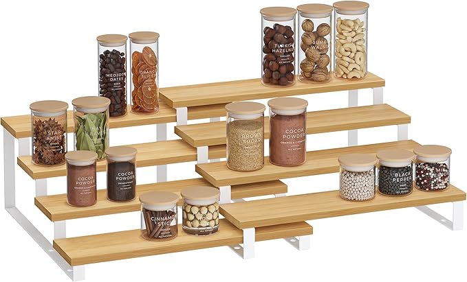 Spice Rack Set, 4-Tier Beige and White Wood Display Riser