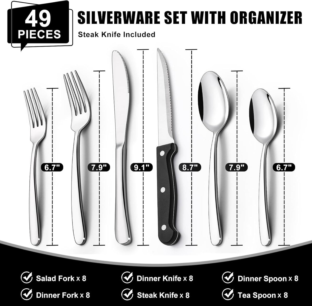 49-Piece Silverware Set with Organizer, Heavy Duty Stainless Steel Flatware Set – detail