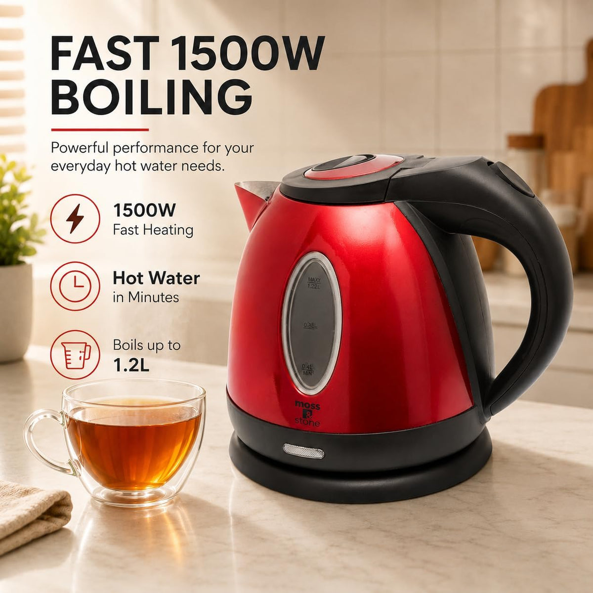 Red Stainless Steel Electric Kettle, 1.2L Cordless 1500W – features