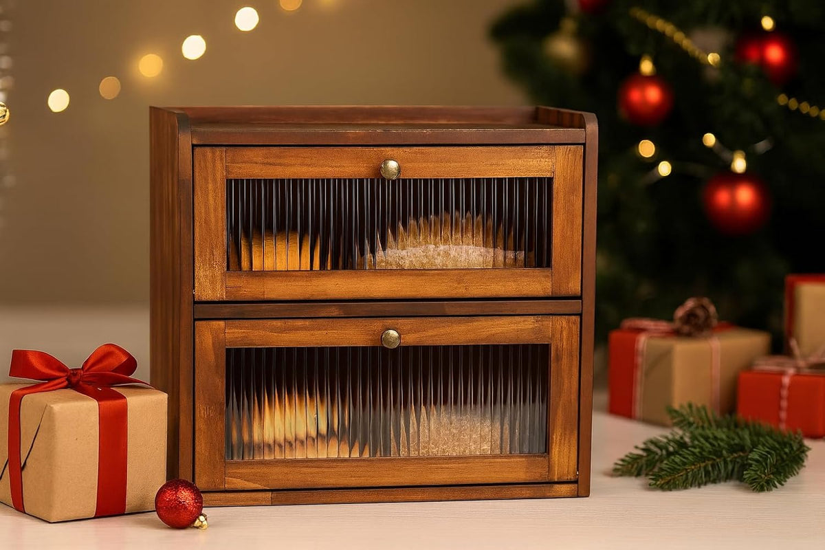 Bread Box for Kitchen Countertop Wooden Bread Storage Container Bin 2 Layer – close-up
