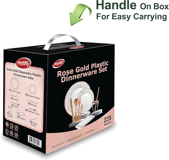 Plastic Dinnerware Set, Rose Gold Rim, 225 Pieces for 25 Guests
